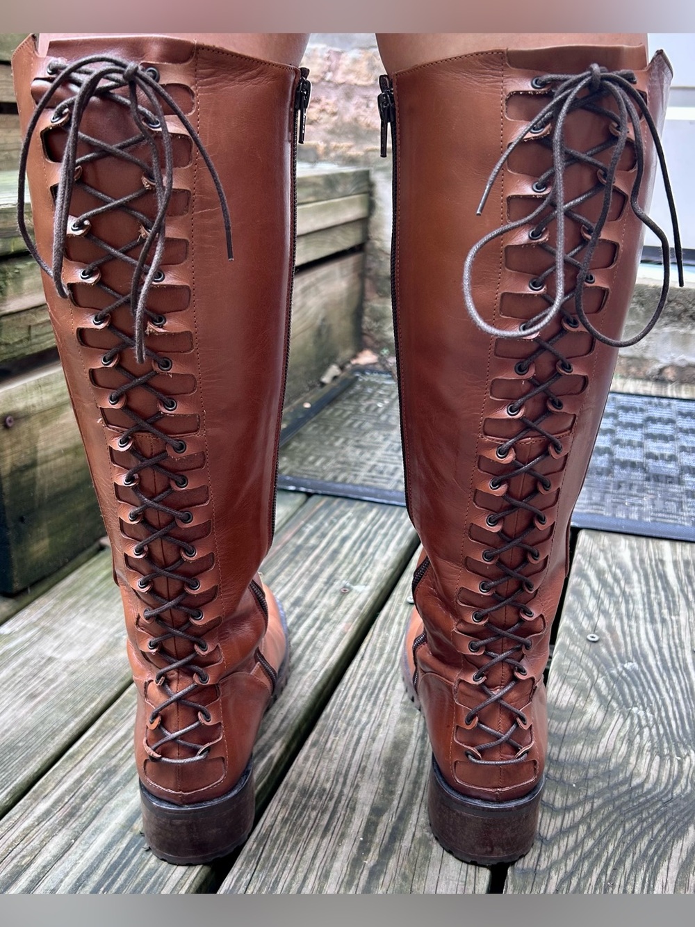 GIRAUDON Brown Lace-Up Knee-High Boots Size 8